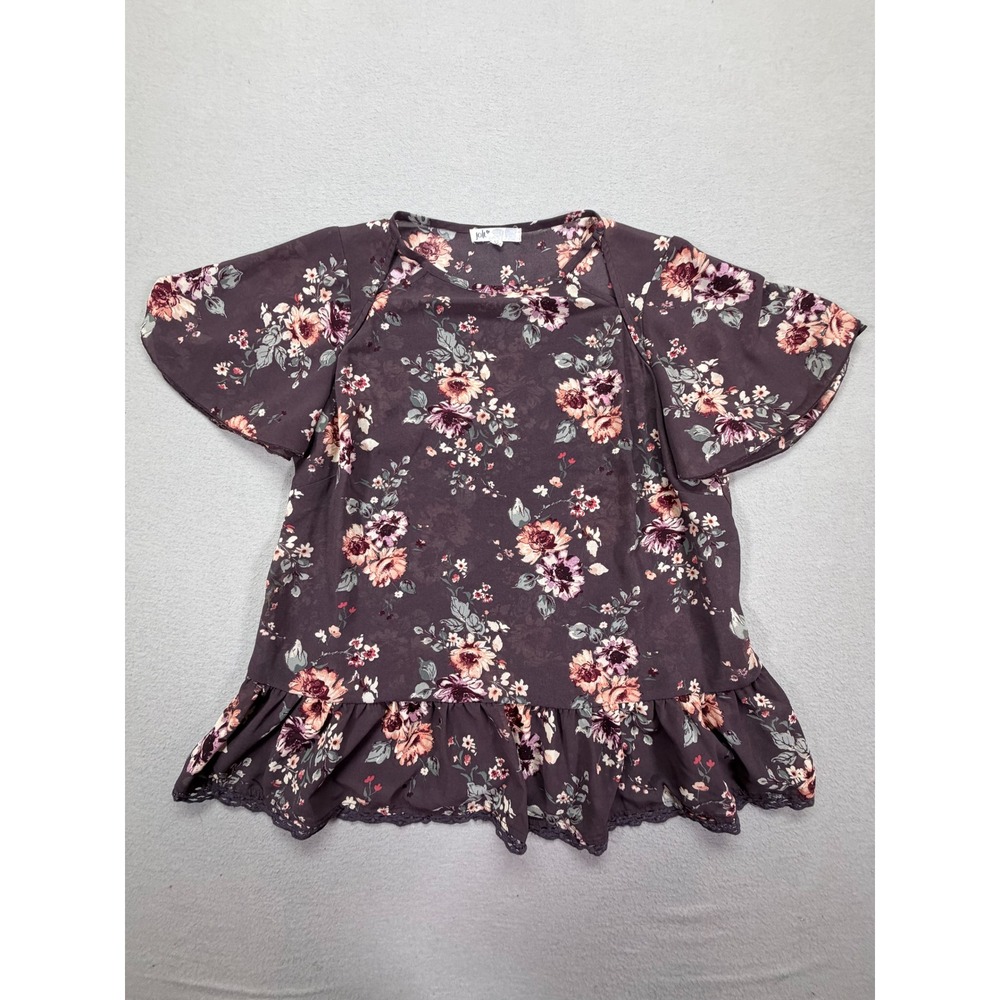 Jolt Floral Blouse Women 1X Good Purple Flutter Sleeve Peplum Crochet Lace‎